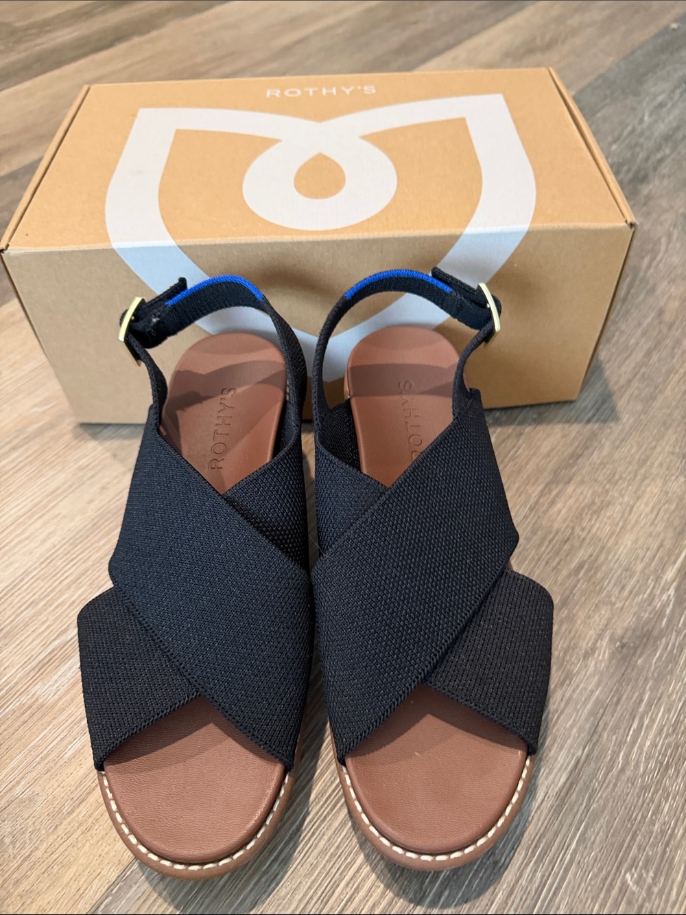 Rothy's Black Crisscross Slingback Sandals with Brown Footbed